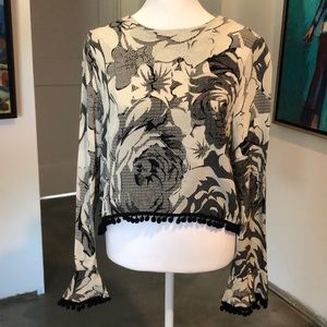 Line & Dot Black and Cream Floral Blouse with Pom Pom Edging Size S